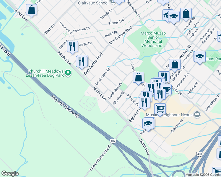 map of restaurants, bars, coffee shops, grocery stores, and more near 5113 Celebration Drive in Mississauga