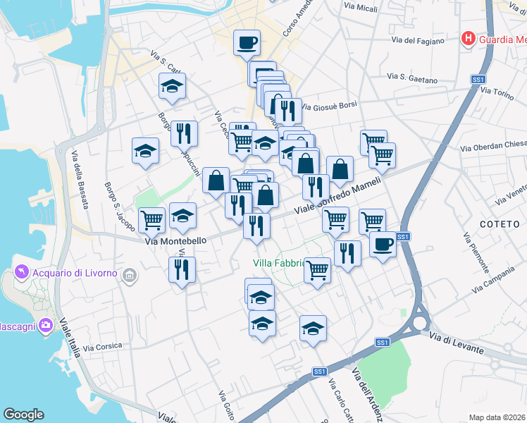 map of restaurants, bars, coffee shops, grocery stores, and more near Via Antonio Mangini in Livorno