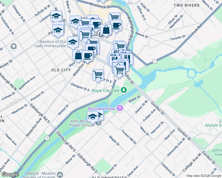 map of restaurants, bars, coffee shops, grocery stores, and more near 26 Bristol Street in Guelph