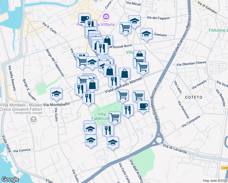 map of restaurants, bars, coffee shops, grocery stores, and more near 45 Viale Goffredo Mameli in Livorno