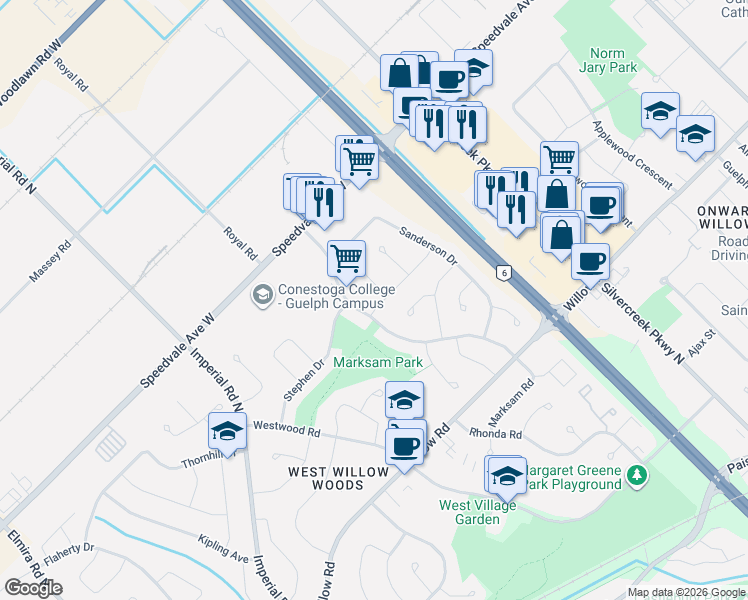 map of restaurants, bars, coffee shops, grocery stores, and more near 4 Carolyn Court in Guelph