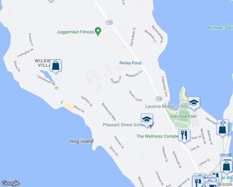 map of restaurants, bars, coffee shops, grocery stores, and more near 10 Estates Circle in Laconia