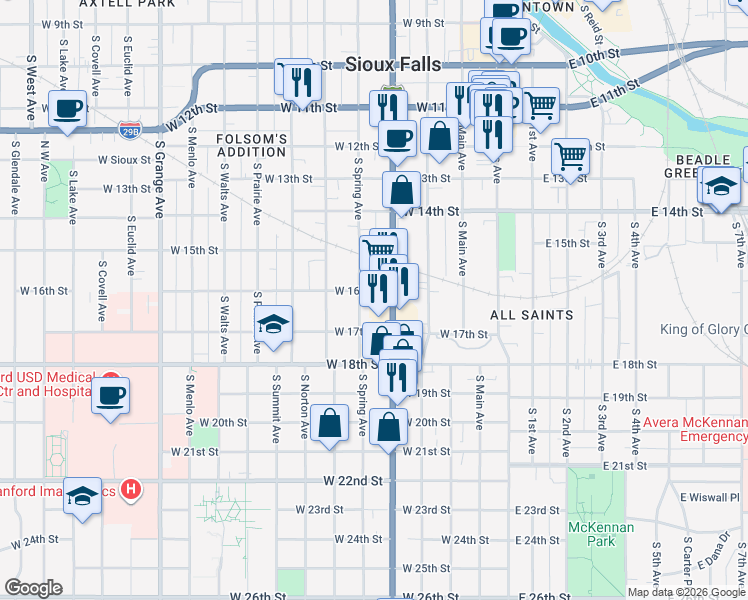 map of restaurants, bars, coffee shops, grocery stores, and more near 414 West 16th Street in Sioux Falls