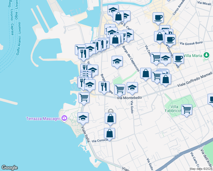 map of restaurants, bars, coffee shops, grocery stores, and more near 147 Borgo Sant'Jacopo in Leghorn