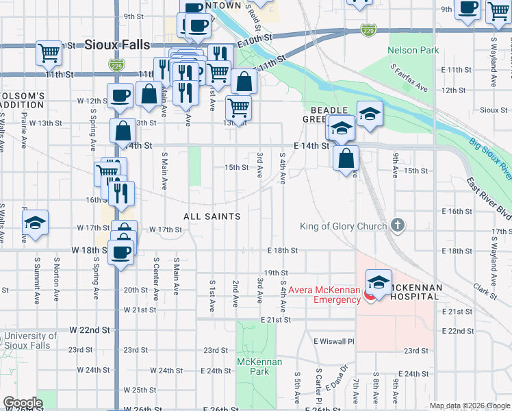 map of restaurants, bars, coffee shops, grocery stores, and more near 733 South 3rd Avenue in Sioux Falls