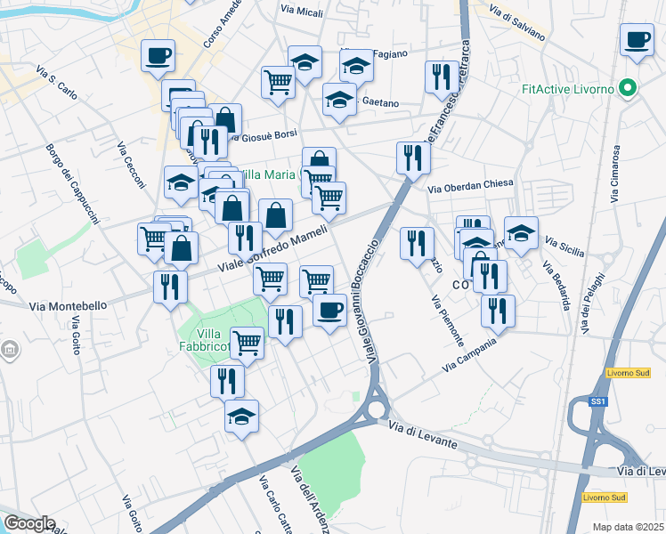 map of restaurants, bars, coffee shops, grocery stores, and more near 37 Via Ebrei Vittime del Nazismo in Livorno