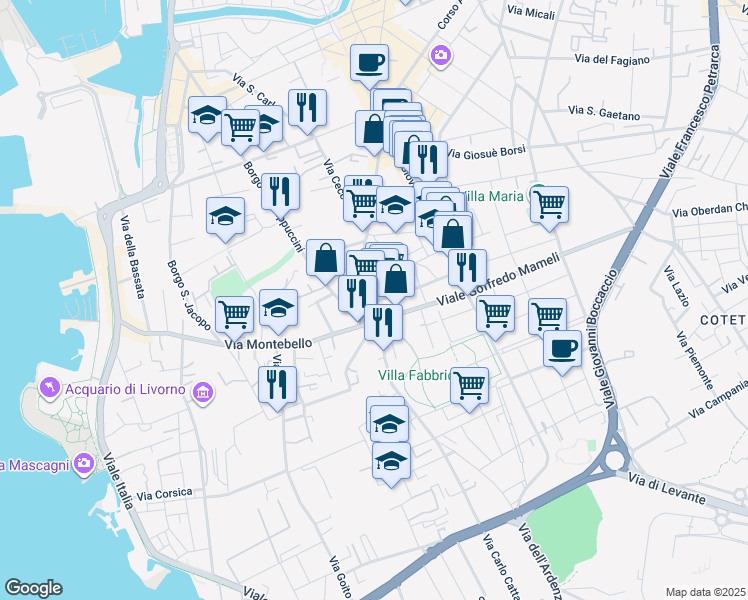 map of restaurants, bars, coffee shops, grocery stores, and more near 166 Via Roma in Livorno