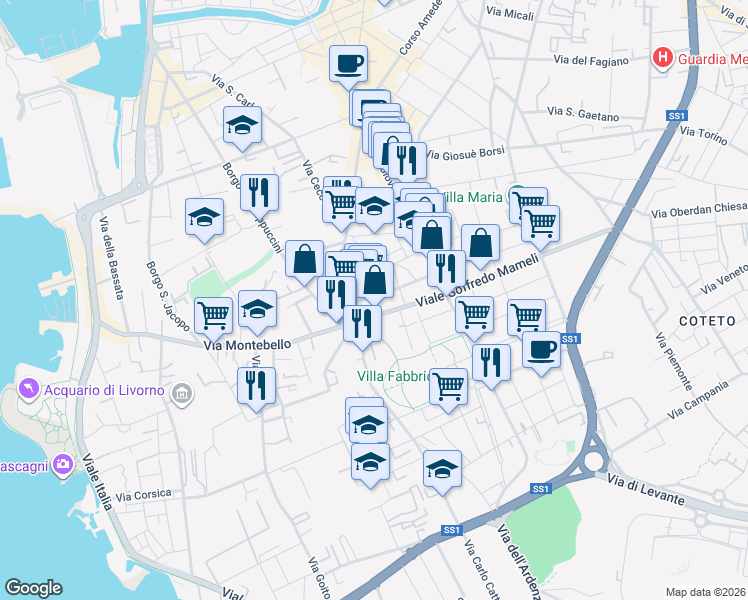 map of restaurants, bars, coffee shops, grocery stores, and more near Via Antonio Mangini in Livorno