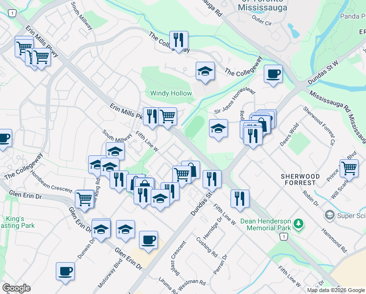 map of restaurants, bars, coffee shops, grocery stores, and more near 3125 Fifth Line West in Mississauga