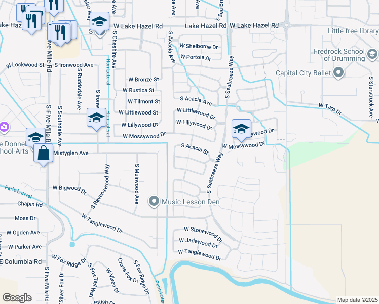 map of restaurants, bars, coffee shops, grocery stores, and more near 9669 West Trestlewood Drive in Boise