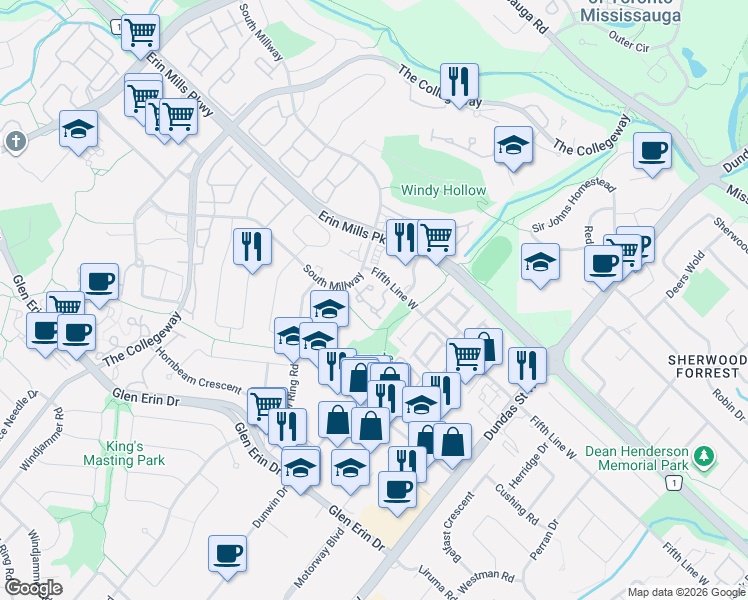 map of restaurants, bars, coffee shops, grocery stores, and more near 2020 South Millway in Mississauga