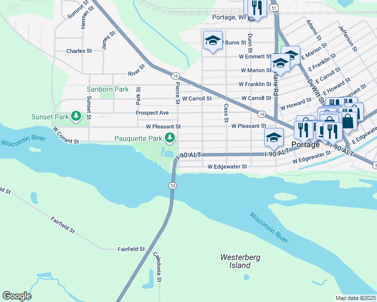 map of restaurants, bars, coffee shops, grocery stores, and more near 706 West Conant Street in Portage