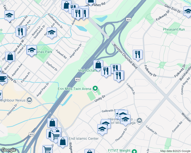 map of restaurants, bars, coffee shops, grocery stores, and more near 3155 Pepper Mill Court in Mississauga