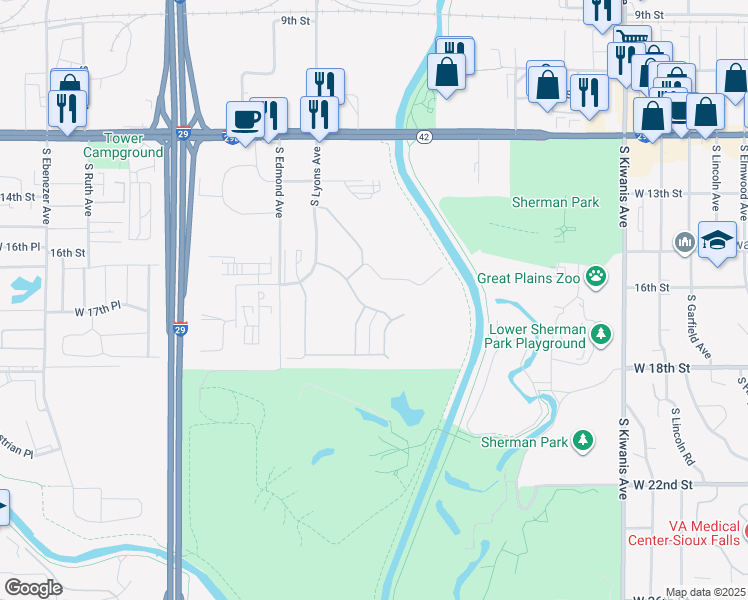 map of restaurants, bars, coffee shops, grocery stores, and more near 4106 West Newcomb Drive in Sioux Falls