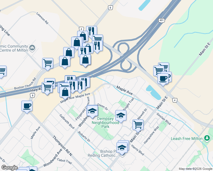 map of restaurants, bars, coffee shops, grocery stores, and more near 1374 Maple Avenue in Milton