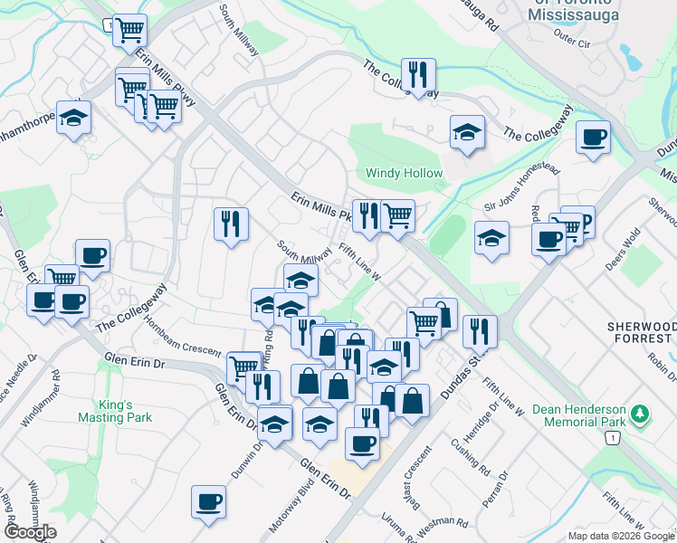 map of restaurants, bars, coffee shops, grocery stores, and more near 2020 South Millway in Mississauga