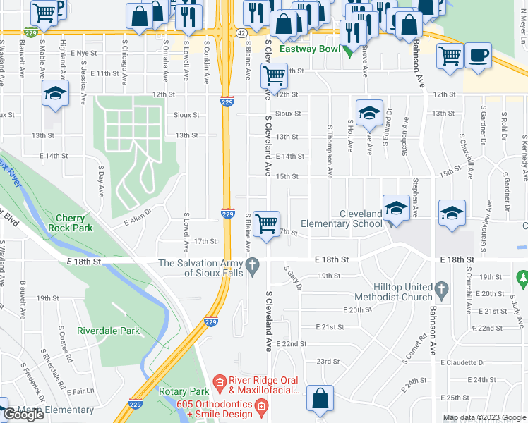 map of restaurants, bars, coffee shops, grocery stores, and more near 1005 South Cleveland Avenue in Sioux Falls