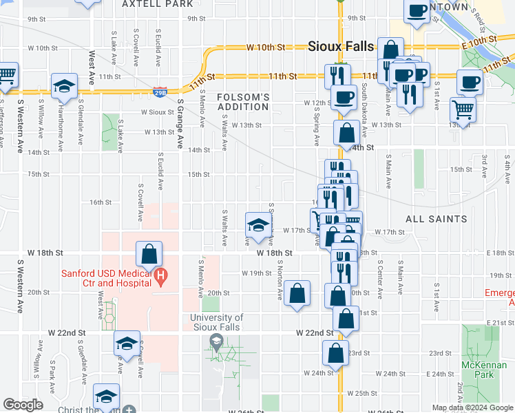 map of restaurants, bars, coffee shops, grocery stores, and more near 715 West 16th Street in Sioux Falls