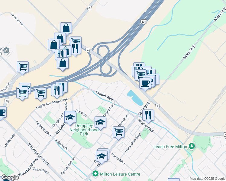 map of restaurants, bars, coffee shops, grocery stores, and more near 164 Cooke Crescent in Milton