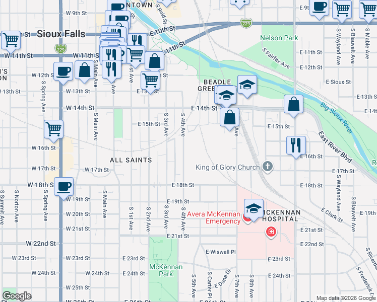 map of restaurants, bars, coffee shops, grocery stores, and more near 728 South 4th Avenue in Sioux Falls