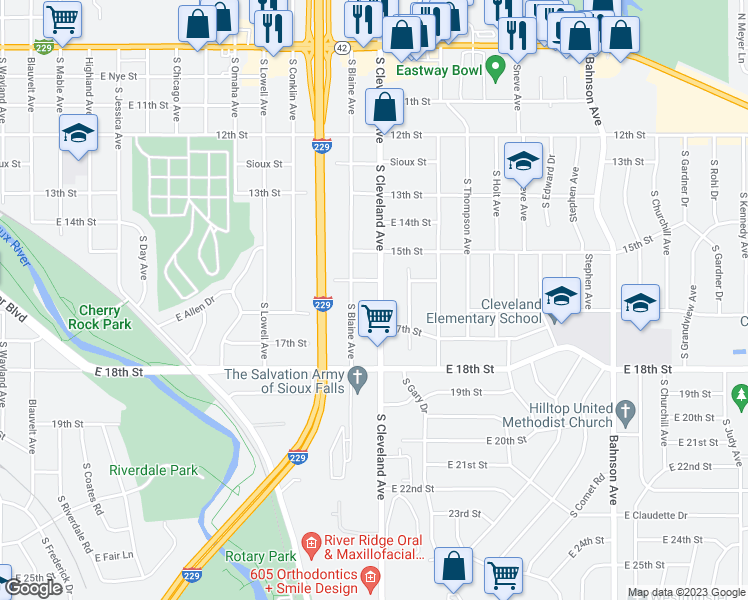 map of restaurants, bars, coffee shops, grocery stores, and more near 1005 South Cleveland Avenue in Sioux Falls