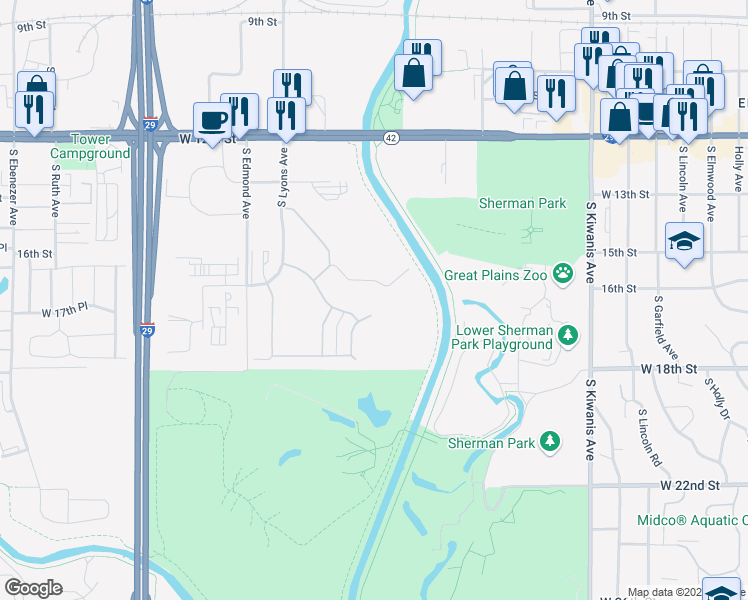 map of restaurants, bars, coffee shops, grocery stores, and more near 803 South Jayme Circle in Sioux Falls