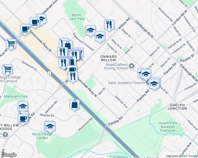 map of restaurants, bars, coffee shops, grocery stores, and more near 60 Kenwood Crescent in Guelph
