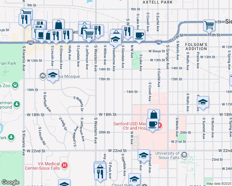 map of restaurants, bars, coffee shops, grocery stores, and more near 800 South Hawthorne Avenue in Sioux Falls