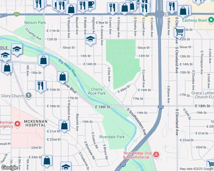 map of restaurants, bars, coffee shops, grocery stores, and more near 836 South Southeastern Avenue in Sioux Falls