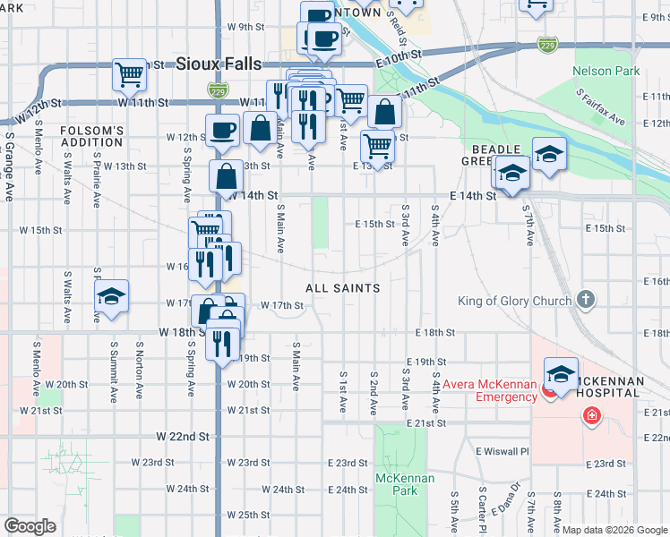map of restaurants, bars, coffee shops, grocery stores, and more near 758 South Phillips Avenue in Sioux Falls