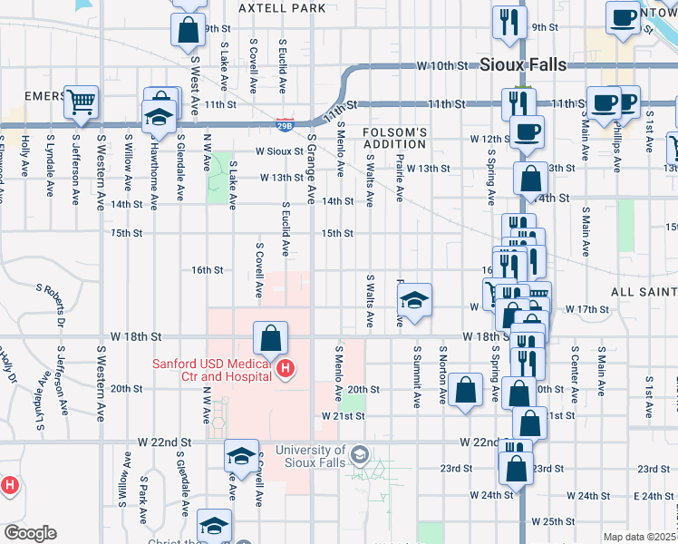 map of restaurants, bars, coffee shops, grocery stores, and more near 920 West 16th Street in Sioux Falls