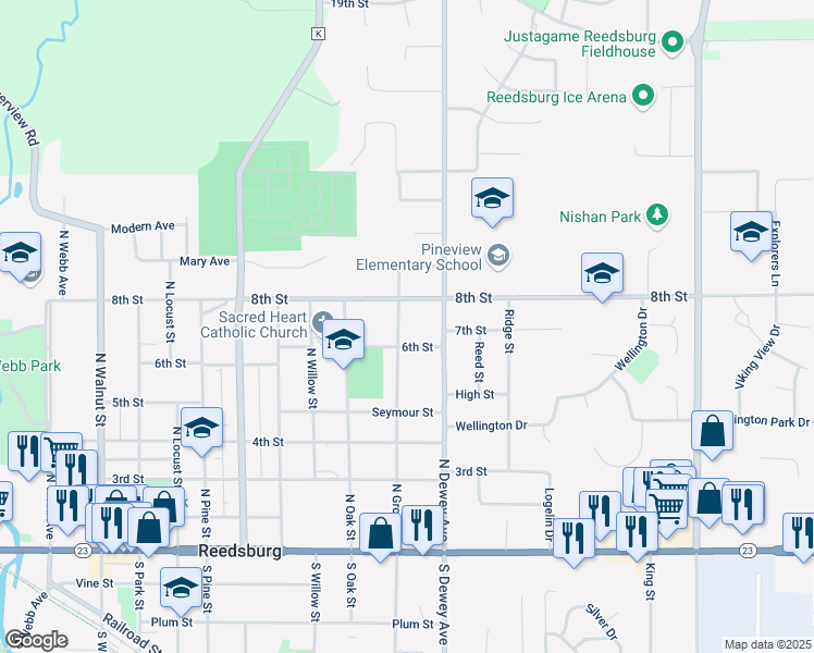 map of restaurants, bars, coffee shops, grocery stores, and more near 634 North Grove Street in Reedsburg