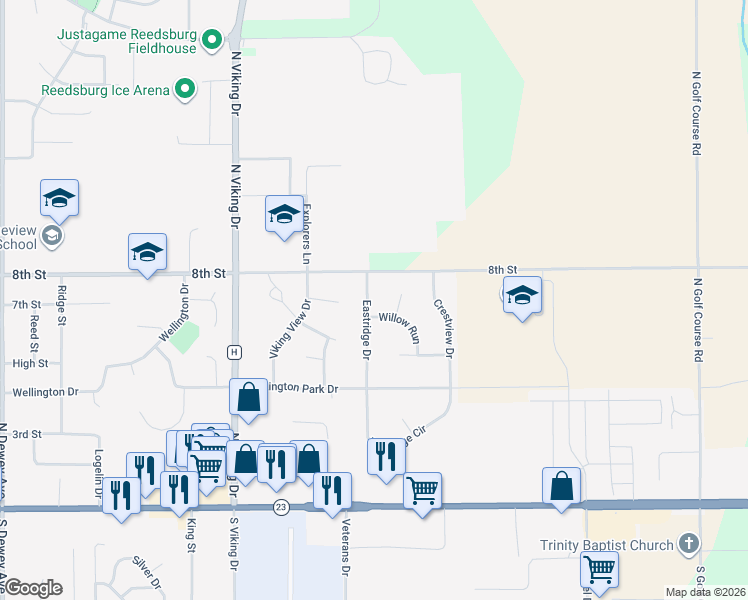 map of restaurants, bars, coffee shops, grocery stores, and more near 733 Eastridge Drive in Reedsburg
