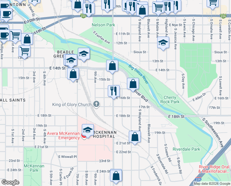 map of restaurants, bars, coffee shops, grocery stores, and more near 810 South Cliff Avenue in Sioux Falls