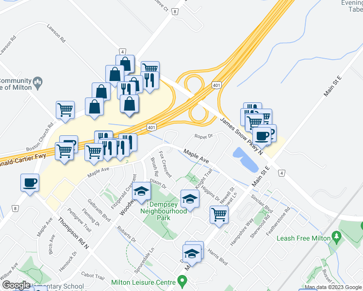 map of restaurants, bars, coffee shops, grocery stores, and more near 1356 Roper Drive in Milton