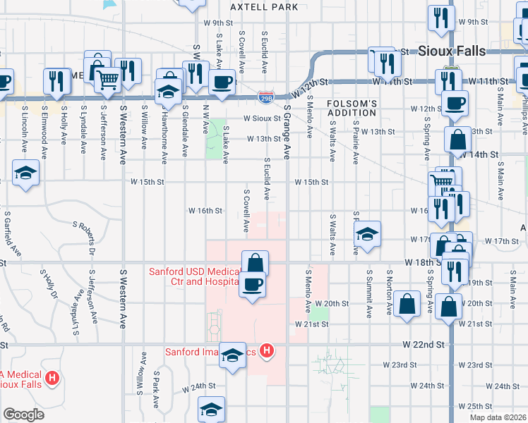 map of restaurants, bars, coffee shops, grocery stores, and more near 801 South Euclid Avenue in Sioux Falls
