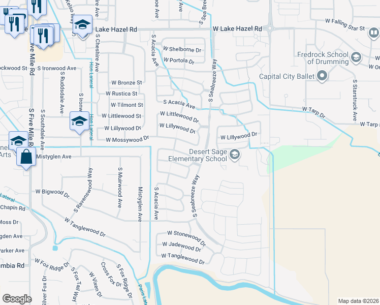map of restaurants, bars, coffee shops, grocery stores, and more near 9528 West Trestlewood Drive in Boise