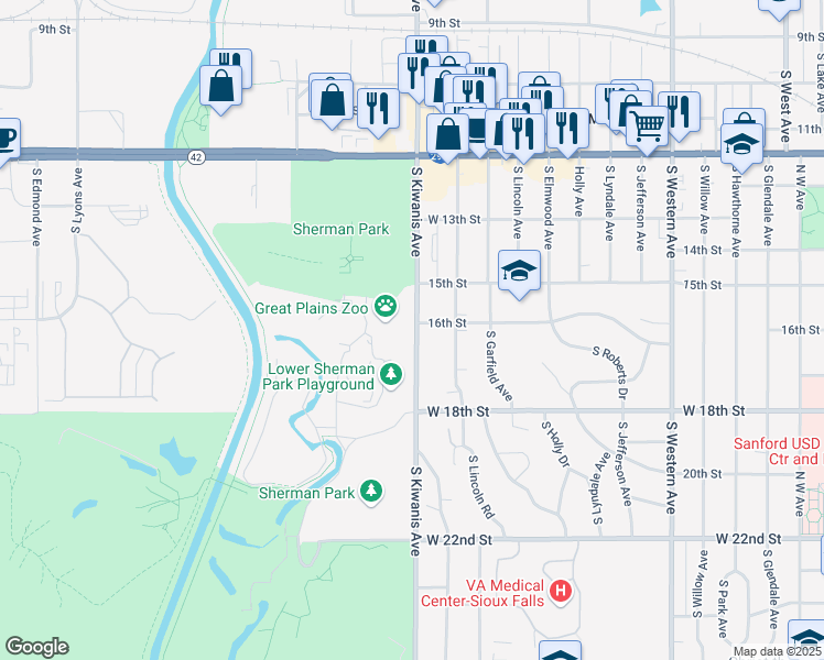map of restaurants, bars, coffee shops, grocery stores, and more near 805 South Kiwanis Avenue in Sioux Falls