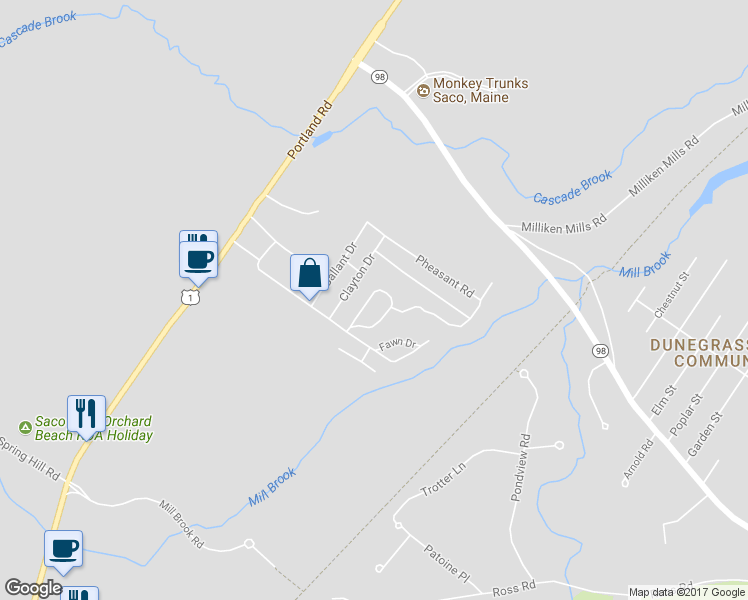 map of restaurants, bars, coffee shops, grocery stores, and more near 7 Meserve Circle in Saco