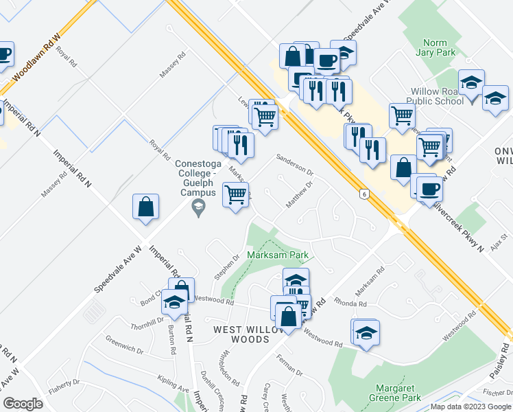 map of restaurants, bars, coffee shops, grocery stores, and more near 167 Marksam Road in Guelph