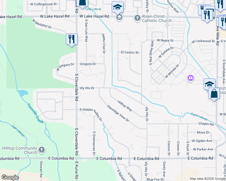 map of restaurants, bars, coffee shops, grocery stores, and more near 7052 Hilltop Way in Boise