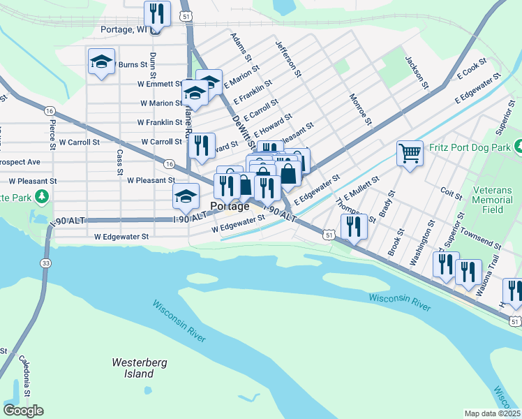 map of restaurants, bars, coffee shops, grocery stores, and more near 206 West Wisconsin Street in Portage