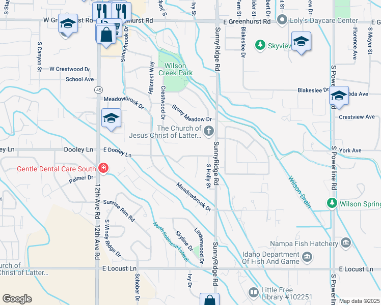 map of restaurants, bars, coffee shops, grocery stores, and more near 612 East Dooley Lane in Nampa