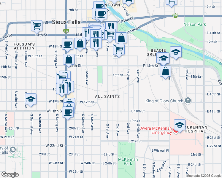 map of restaurants, bars, coffee shops, grocery stores, and more near 735 South 2nd Avenue in Sioux Falls