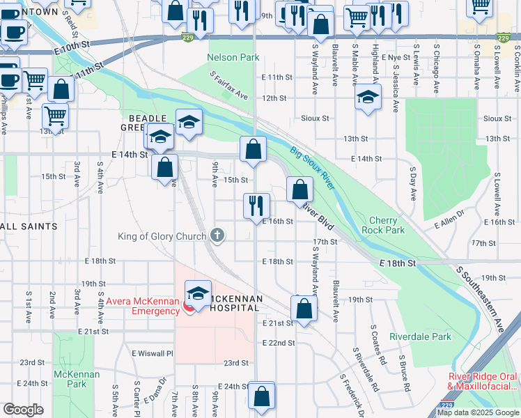 map of restaurants, bars, coffee shops, grocery stores, and more near 808 South Cliff Avenue in Sioux Falls