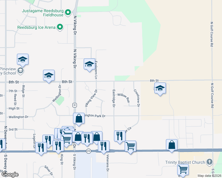 map of restaurants, bars, coffee shops, grocery stores, and more near 733 Eastridge Drive in Reedsburg