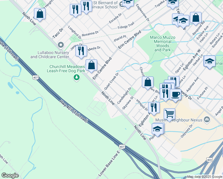 map of restaurants, bars, coffee shops, grocery stores, and more near 5156 Celebration Drive in Mississauga