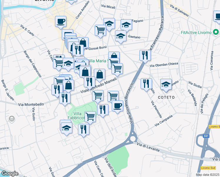 map of restaurants, bars, coffee shops, grocery stores, and more near 16 Via Antonio Labriola in Livorno