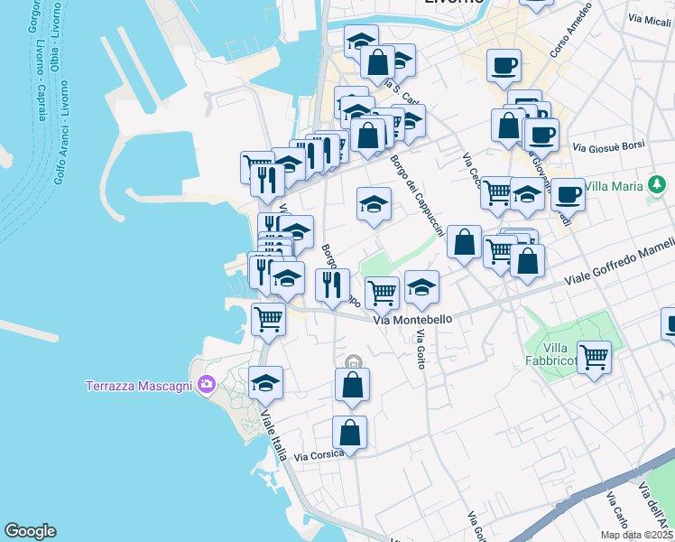 map of restaurants, bars, coffee shops, grocery stores, and more near 147 Borgo San Jacopo in Livorno