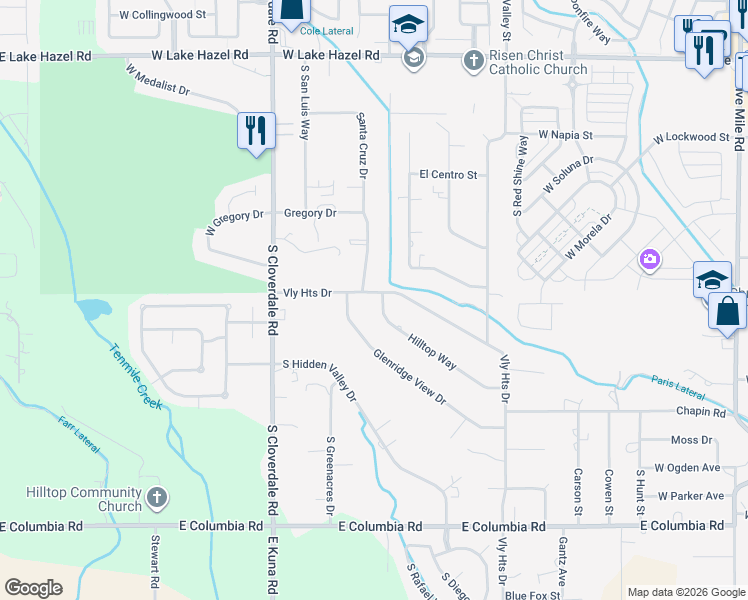map of restaurants, bars, coffee shops, grocery stores, and more near 7052 Hilltop Way in Boise
